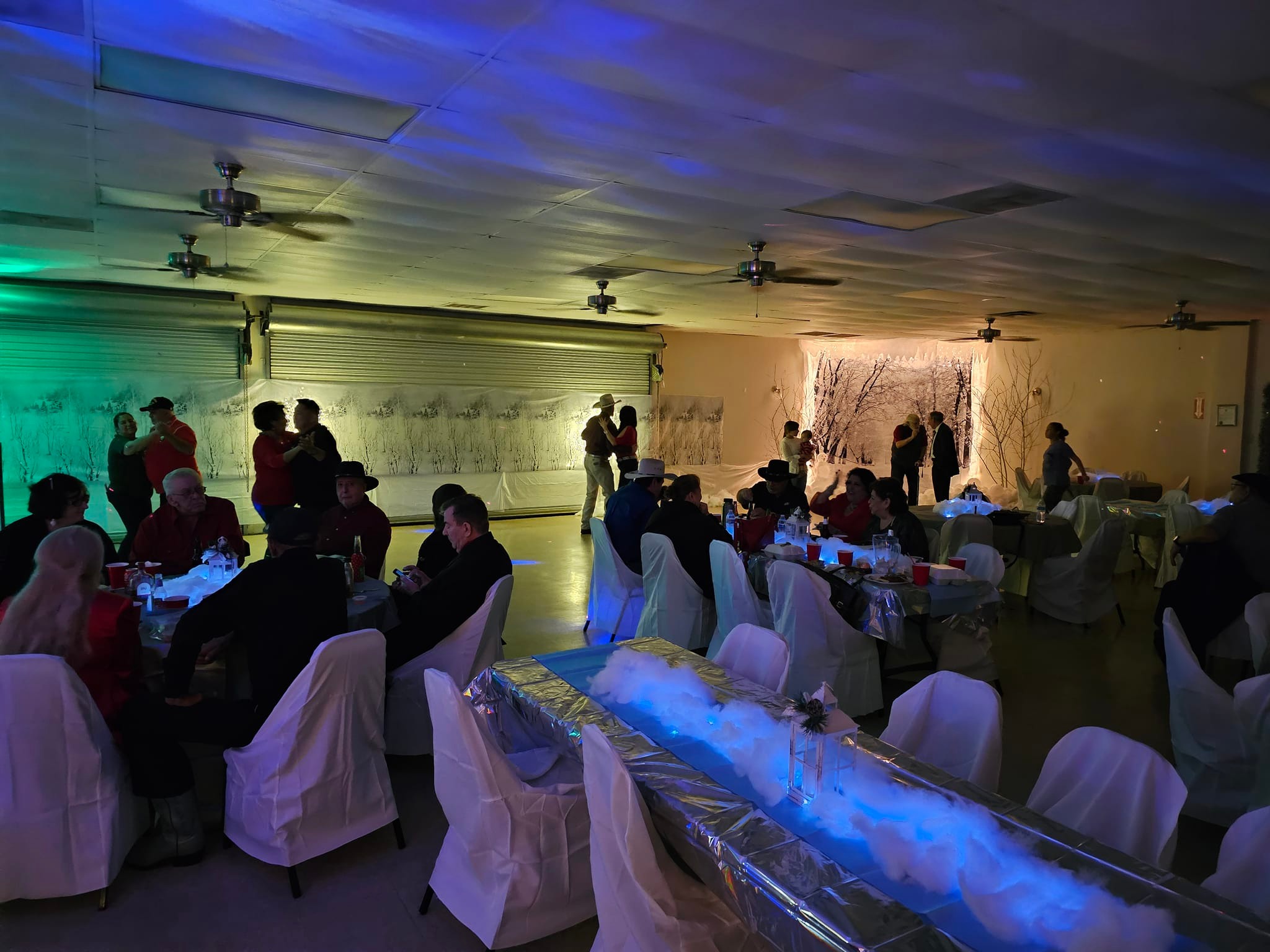 Winter-themed celebration with guests dancing in the hall
